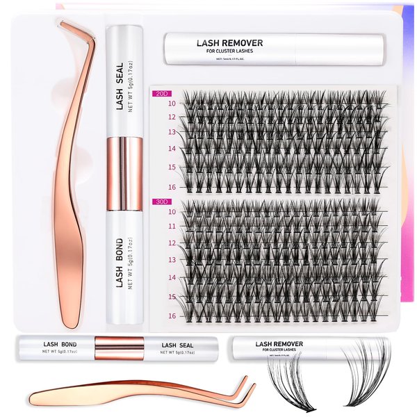 Miuffue DIY Lash Extension Kit 260 PCS Individual Cluster Kit Eyelash Extension Kit Lash Bond and Seal Glue Remover with Eyelash Tweezers