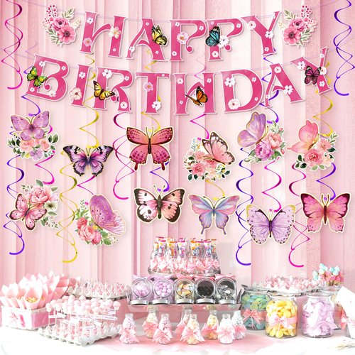 Butterfly Birthday Party Decorations Butterfly Birthday Banner Hanging Swirl for Girl Kids Spring Summer Birthday Baby Shower Wedding Party Supplies