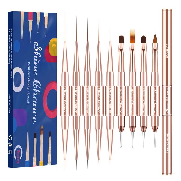 Shine Chance 9Pcs Nail Art Brushes Set, Professional Double-Ended Acrylic Liner Detail Brushes for Gel Polish Art Nail, 3D Art Nail Dotting Brush Pen for Manicure DIY Home Salon, Rosegold