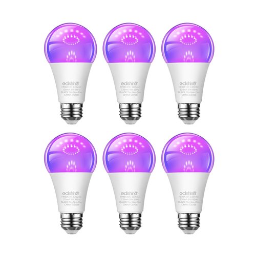 EDISHINE 6 Pack Black Light Bulb, 120V 9W UV Blacklight Bulbs with UVA Level 385-400nm, A19 E26 Base, LED Black Light Bulb for Blacklight Party, Body Paint, Fluorescent Poster, Halloween, ETL Listed
