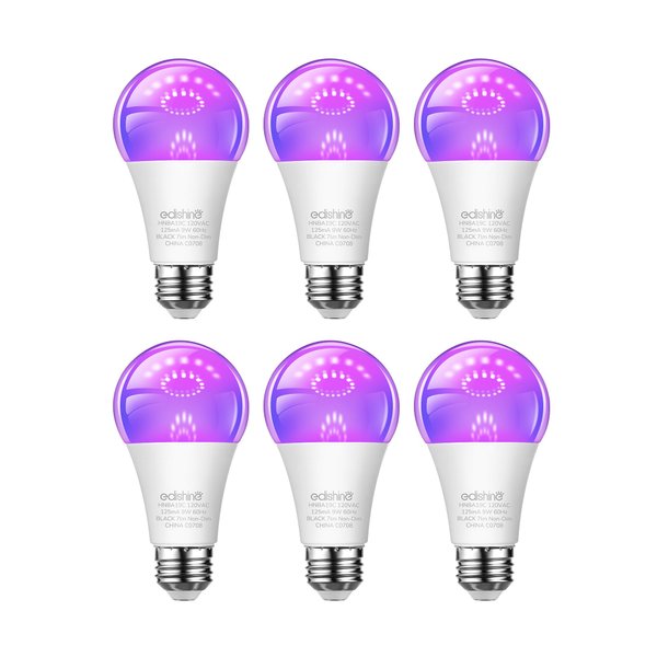 EDISHINE 6 Pack Black Light Bulb, 120V 9W UV Blacklight Bulbs with UVA Level 385-400nm, A19 E26 Base, LED Black Light Bulb for Blacklight Party, Body Paint, Fluorescent Poster, Halloween, ETL Listed