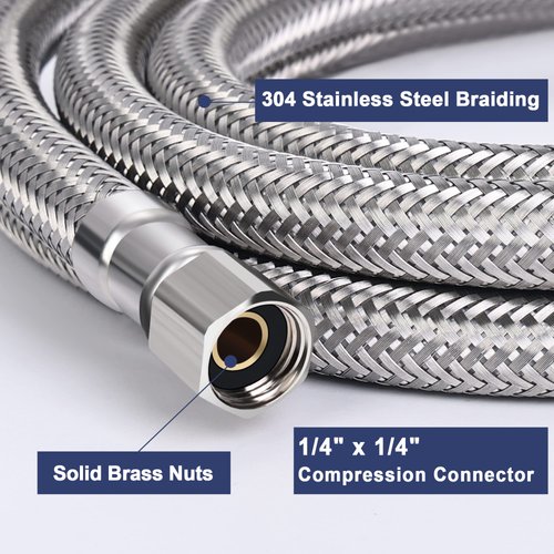 Premium Braided Stainless Steel Ice Maker Water Supply Hose W/PEX Inner Tube - Universal 1/4" Connection (4 Ft)