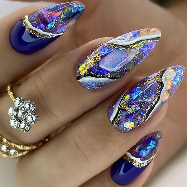 Tyuimhx 24Pcs Medium Press on Nails Almond Fake Nails Luxury False Nails With Amber Pattern Gold Glitter Line Designs Glossy Full Cover Stick on Nails Acrylic Artificial Nails Glue on Nails for Women