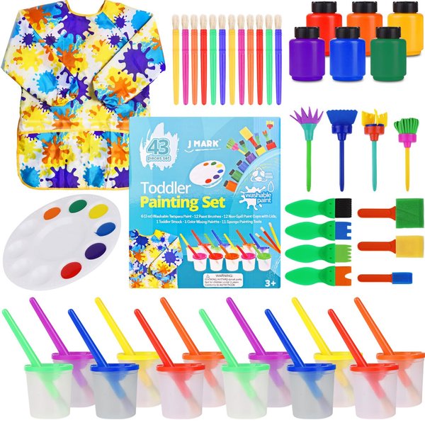 J MARK 43 Piece Toddler Painting Set – Spill Proof Paint Cups for Kids, Washable Kids Paint, Painting Tools, Kids and Toddler Paint Set with Art Smock and More