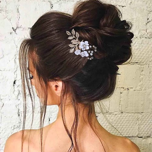 Erimberate Bohemian Crystal Flower Hair Comb Pearl Flower Hair Barrette Gold Leaf Headpiece Vintage Pearl Headwear Hairpiece Decorative Wedding Comb Hair Accessories Jewelry for Women and Girls Gifts (White Flower)