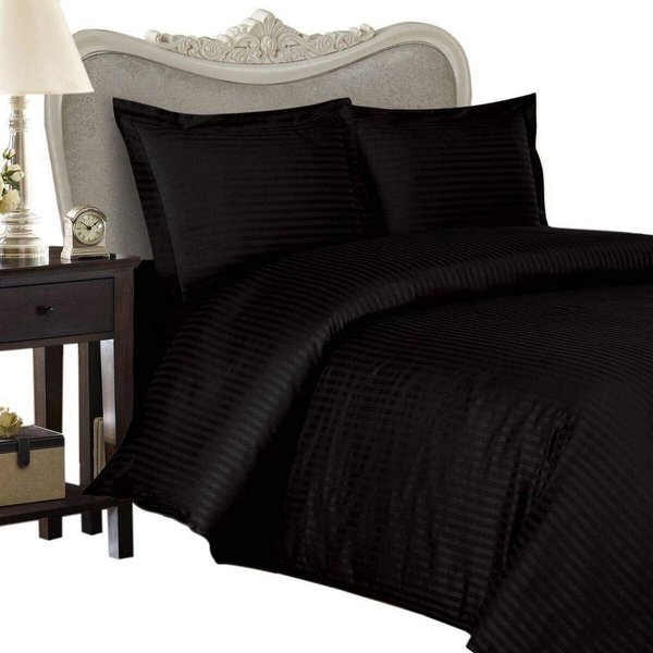 Luxurious 300-Thread-Count Egyptian Cotton 300TC Duvet Set and 2 Shams, King, Black Damask Stripe 300 TC
