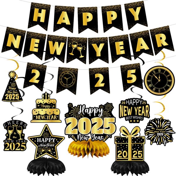 New Years Eve Party Supplies 2025, Happy New Years Decorations, Include Happy New Year Banner, Hanging Swirls and Honeycomb Centerpiece, Black and Gold Happy New Year 2025 Decorations