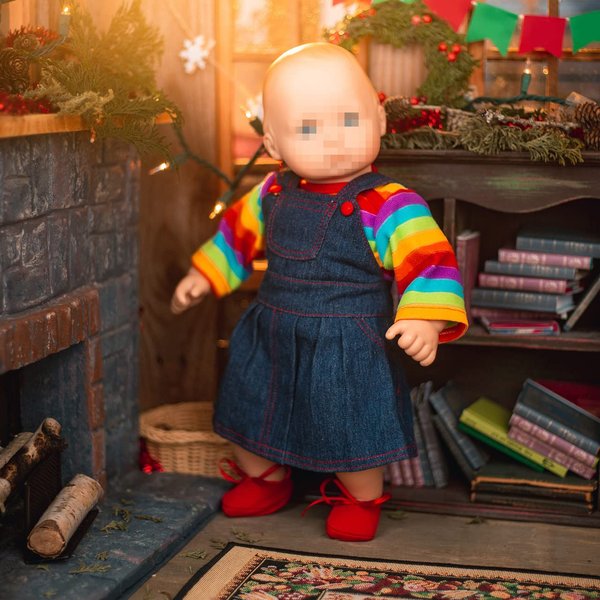 The Queen's Treasures 15 Inch Doll Clothes Designed for Use with Bitty Baby Dolls, 4 Piece Bitty Denim Overall Skirt, Rainbow Shirt, and Shoes, Compatible with American Girl's Bitty Baby Twins