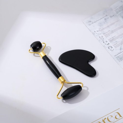 Generic Yssarea Obsidian Roller and Gua Sha - Face Roller | 100% Natural Obsidian Stone Set | Dual Sided Face Massager | Reduces Signs of Aging, Black