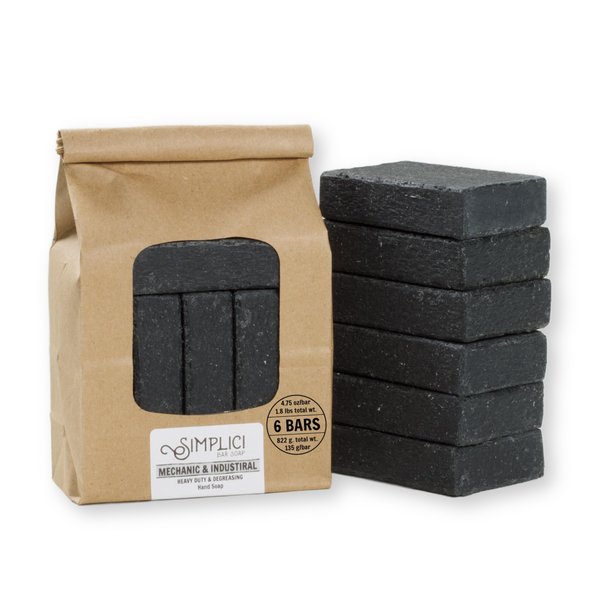 Simplici Mechanical & Industrial Natural Soap (exfoliating + pure essential oils) 6 Bar Value Bag. Palm Free.