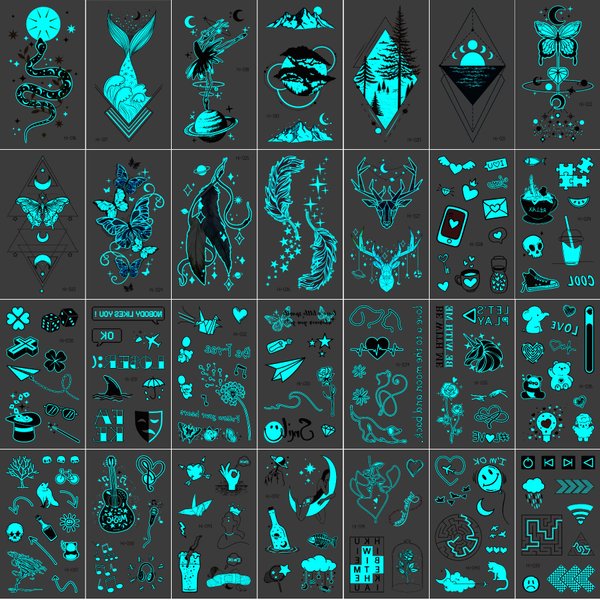 Kotbs 28 Sheets Kids Temporary Tattoos for Boys and Girls, Waterproof Luminous Snake Butterfly Feather Anime Cartoon Kids Tattoos Temporary, Glow in The Dark Tattoos for Kids Party Favor Supplies