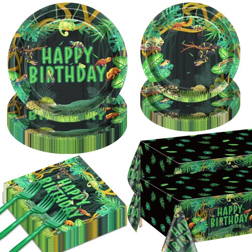 Reptile Birthday Party Supplies for 40 Guests, Disposable Tableware Set Includes Plates, Napkins, Forks, Tablecloth, Jungle Swamp Wilderness Snake Lizard Alligator Turtle Birthday Decorations for Kids
