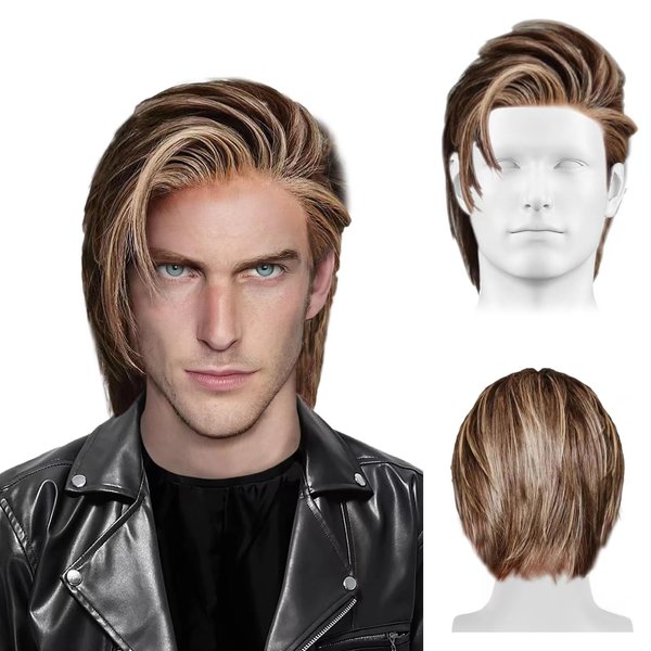 HAEIGTD Blonde Men's Long Wigs with Rock Retro Style Layered Realistic Hair Individuality and Coolness Natural Layered Fluffy Wig Daily Synthetic