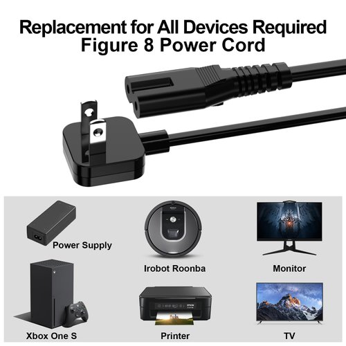 AC Adapter Power Cord 5ft, Super Slim Flat Plug Non Block Design, Figure 8 Power Cable Replacement for Chargers, TV, Xbox, Playstation Series, Power Supply for Small Electronic Gadgets