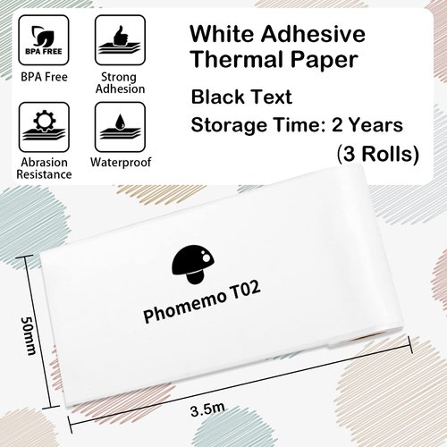Phomemo T02 White Adhesive Thermal Paper, Sticker Paper Printer Paper, 1.96" x 11.4' (50mmx3.5m/Roll), Compatible with M02X, Black Text, Keep for 2 Years, 3 Rolls