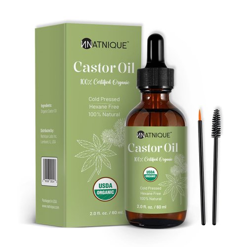 Natnique Castor Oil (2oz), USDA Certified Organic, 100% Pure, Hexane Free, Cold Pressed. Growth for Eyelashes, Eyebrows, Hair. Natural Skin Moisturizer & Hair Treatment. Eyebrow & Eyelash Brush