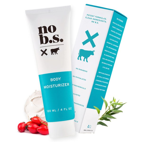 No B.S. (No Bad Stuff) Body Moisturizer, Lightweight Unscented Natural Lotion with Green Tea, Shea Butter, Lavender & Rose Hip Oil for Dry Skin, Moisturizing Skin Care for Women & Men, Vegan, 4 FL Oz