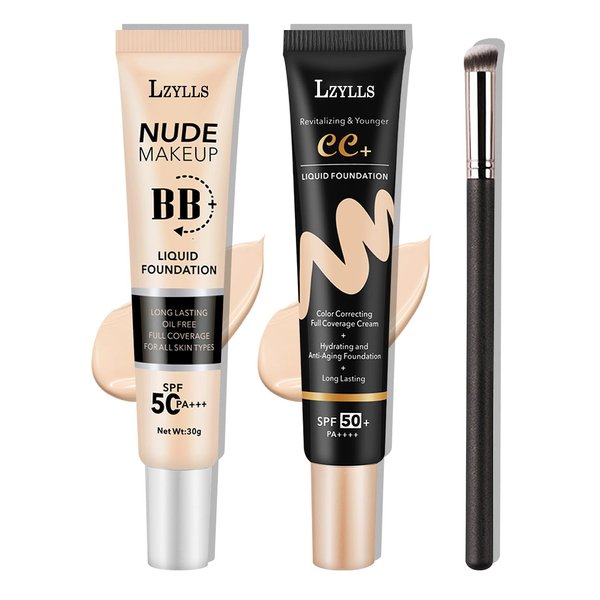 2 Pack Full Coverage Liquid Foundation,Moisturizing BB Cream Foundation Makeup Set with Foundation Brush,Oil Control Long Lasting Waterproof Concealer CC Cream Foundation for Women（Natural）