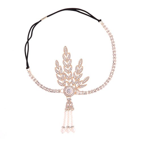 1920s Flapper Headband Great Gatsby Hair Hoops Rhinestone Crystal Tassel Headdress Leaf Pearl Headwear Headpiece Women Hairband Hair Band Party Decoration Cosplay Costume Hair Accessories Rose Golden