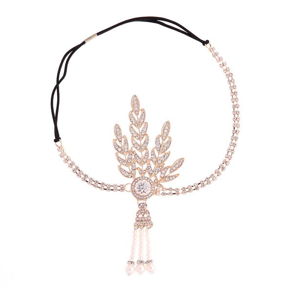 1920s Flapper Headband Great Gatsby Hair Hoops Rhinestone Crystal Tassel Headdress Leaf Pearl Headwear Headpiece Women Hairband Hair Band Party Decoration Cosplay Costume Hair Accessories Rose Golden