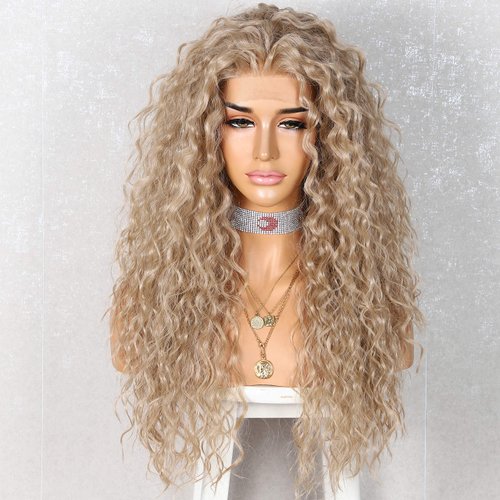 SAPPHIREWIGS Curly Synthetic Lace Front Wigs Deep Curly Wig for Black Women Ash Blonde Wig Glueless Pre Plucked Wigs Heat Resistant Fiber Hair 26inch