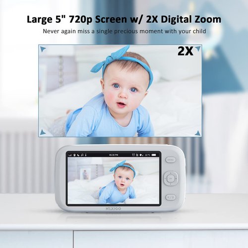 NexiGo Video Baby Monitor with Camera and Audio, 5 Inch Split IPS Screen, Support Up to 4 Cameras, 2-Way Audio, Pan-Tilt-Zoom, 4800mAh Battery, Temperature Detection, Night Vision, Lullaby (Blue)