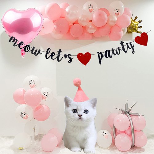 Meow Let's Pawty Banner Black Glitter , Pet Kitty Birthday Wedding Anniversay Party Bunting Sign, Cat Birthday Banner, Kitten Theme / Baby Shower / Cat Pet Birthday Party Supplies Pre-strung