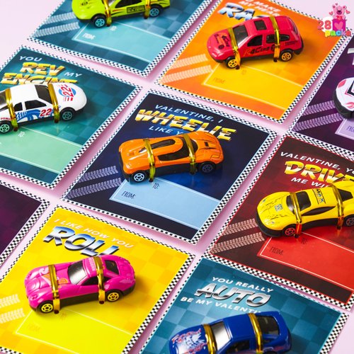 JOYIN 28-Count Valentines Day Gifts Cards, Valentine's Greeting Cards for Kids with Die-Cast Racing Cars Valentine Classroom Exchange Party Favor Toy