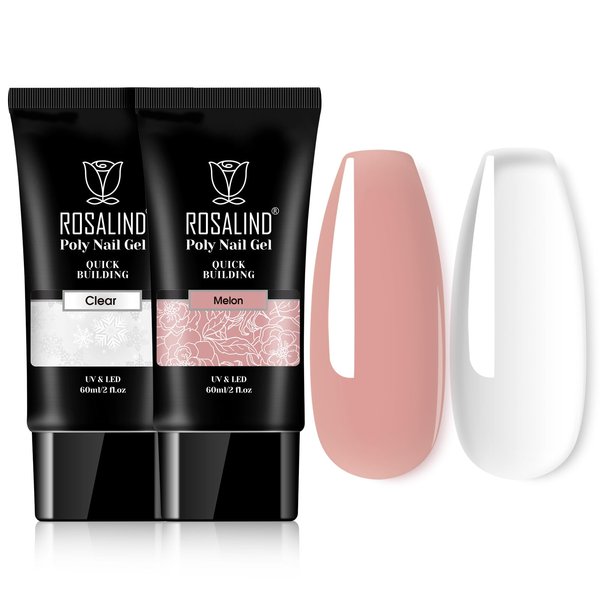 ROSALIND Clear Nude Pink Acrylic Poly Extension Gel, 2 PCS 60ml Clear Poly Nail Gel kit Nail Builder for Clear Nail Art Decoration, Nail Thickening Poly Nail Gel Tube Easy to DIY Use Need UV Lamp