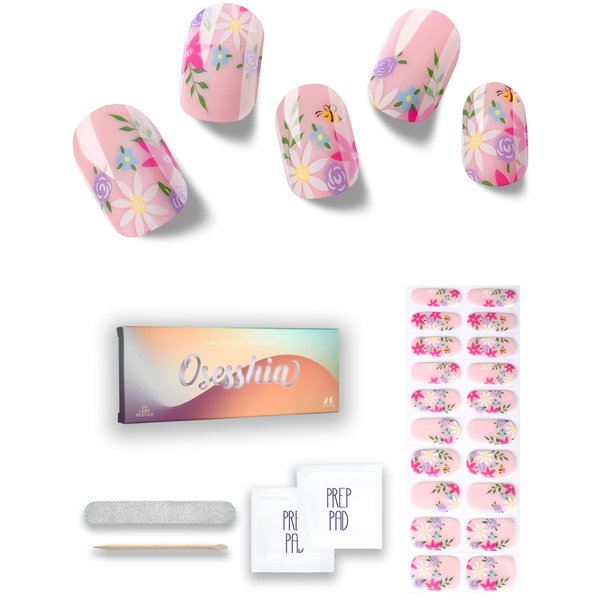 Osesshia Semi Cured Gel Nail Strips, 20 pcs Nail Wraps, Glaze Gel Nail Stickers, Salon Quality French Manicure, Full Decal Gel Polish Strips, Long Lasting SCG, Easy on, UV Required (Daisy Morning)