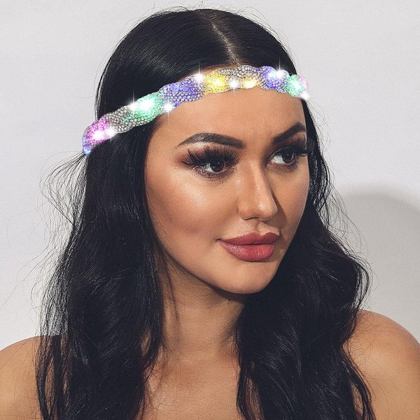ACEDRE Light Up Rhinestone Headbands Led Glowing Hair Band Crystal Forehead Head Chain Sparkly Rave Party Costume Hair Accessories for Women and Girls (Sliver)