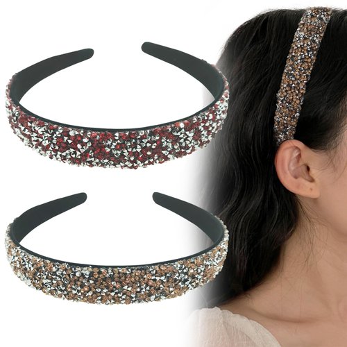 2 PACK Rhinestone Headbands Red & Yellow Silver Headband Wide Headbands for Women, Bling Diamond Hair styling Headwear Clips Accessories for Girls, Double Crystal Side Imitation Diamond Hoop Thin Band