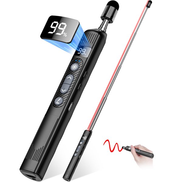 Wireless Presentation Clicker with Telescopic Pointer Stick,Rechargeable Presenter Remote Light Pointer with Touch Screen Stylus Pen and Digital Display,USB Slide Clicker for PowerPoint MAC PC Laptops