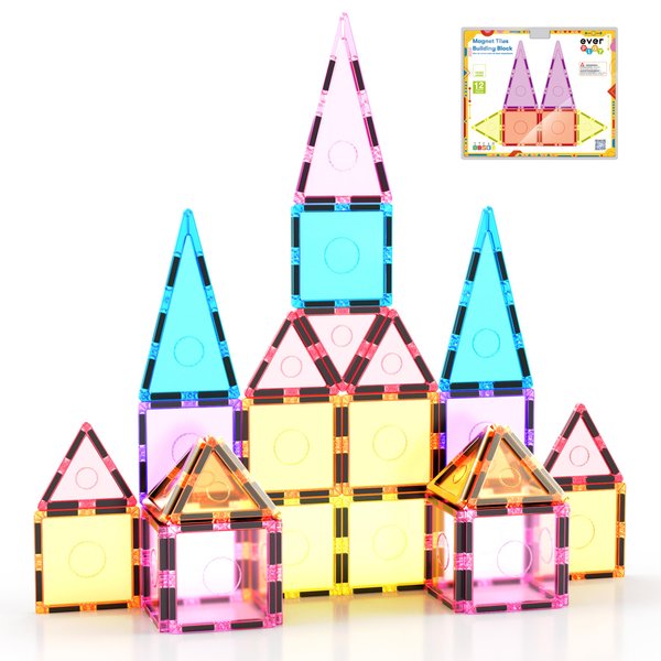 EverPlay 12 Piece Magnetic Tiles Building Blocks for Kids Montessori Sensory Learning Classroom Toys STEM Educational Preschool Magnet Tile Pretend Play Playsets Toddlers Boys Girls Ages 3 and up EB12