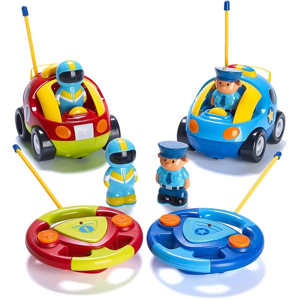 PREXTEX 2 Pack Cartoon Remote Control Cars - Police Car and Race Car for Toddlers - RC Cars for Kids with Different Frequencies - Easy Remote Control Toy for Boys and Girls - Toddler Gifts 18+ Months