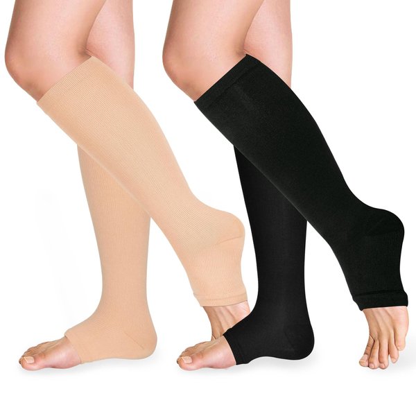 TZYSOKC Open Toe Compression Socks 15-20 mmHg for Women and Men Knee High Toeless Circulation Compression Stockings(BN S/M)