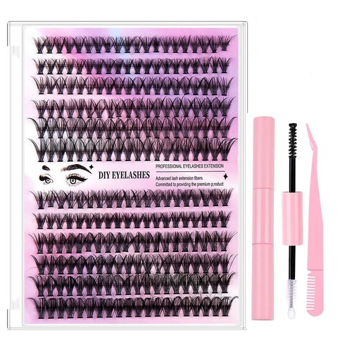 Lash Extension Kit DIY 280PCS Lash Clusters Thick Eyelash Extension Kit, 30D 40D Mix Curl Individual Lashes Kit with Lash Bond and Seal Lash Tweezers