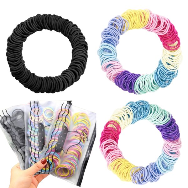 Generic 300 Pcs Hair Ties for Baby, Toddlers, Girls - Black & Colorful Non-Damaging Elastic Rubber Bands, Small Ponytail & Pigtail Holders - 100 Black, 200 Multicolor, 2mm