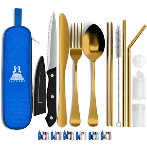 Taplord Portable Travel Silverware Set With Case - Includes 10 Pcs of Utensils, Stainless Steel Flatware For Camping, Easy to Travel, Lightweight (Gold)