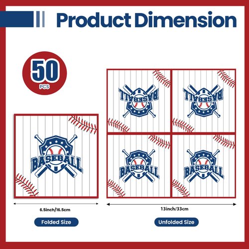 50 Pieces Baseball Napkins,Disposable Baseball Party Guest Cocktail Napkins for Birthday Party, Baseball Theme Party Supplies-6.5 x 6.5 Inch