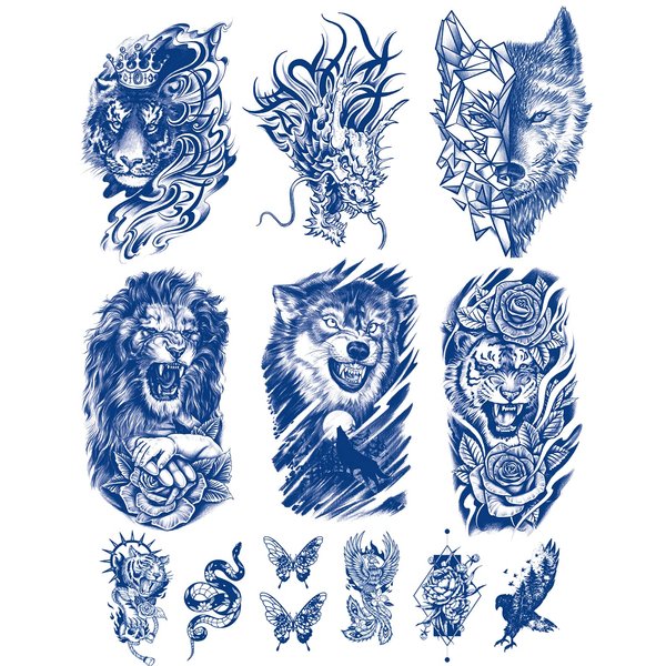 PADOUN Animal Temporary Tattoos - 12 Sheets of Semi-Permanent Waterproof Stickers Featuring Wolf, Tiger, Lion, and Dragon Designs, Long-Lasting for Men, Women, and Kids