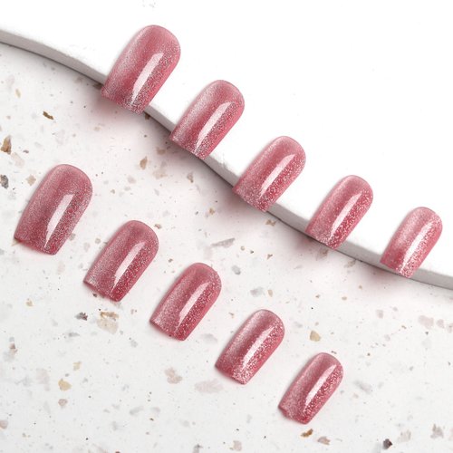 Press on Nails Short Square Fake Nails, Gel Red Cat's Eye Acrylic Nails Kits, Glossy False Nails Glue on Nails Super Fit Natural Nails 24 Pcs (Cat'sEye)