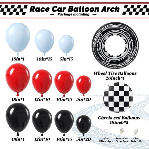 132pcs Race Car Balloons Arch Garland Kit, 18 12 10 5Inch Red Blue Black Checkered Wheel Tire Balloons for Race Car Birthday Party Decorations Two Fast Birthday Decor