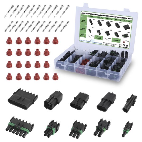MUYI 329PCS Weather Pack Connectors Kit, 23 Sets Waterproof Connector 1/2/3/4/6 Pin Automotive Connectors 20-14AWG Wire Harness Connectors with Terminals Pins Socket Contacts