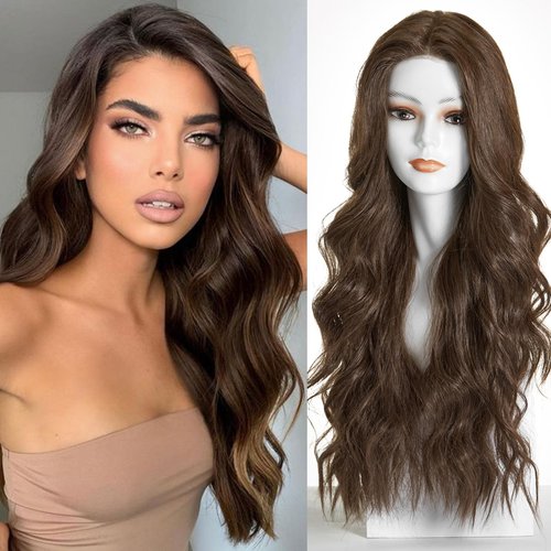 DWY Synthetic Lace Front Wigs Mono Top Futura Hair Long Wavy Brown Wig for Women Free Part Curly Wave Wig Glueless Monofilament Wigs Heat Resistant