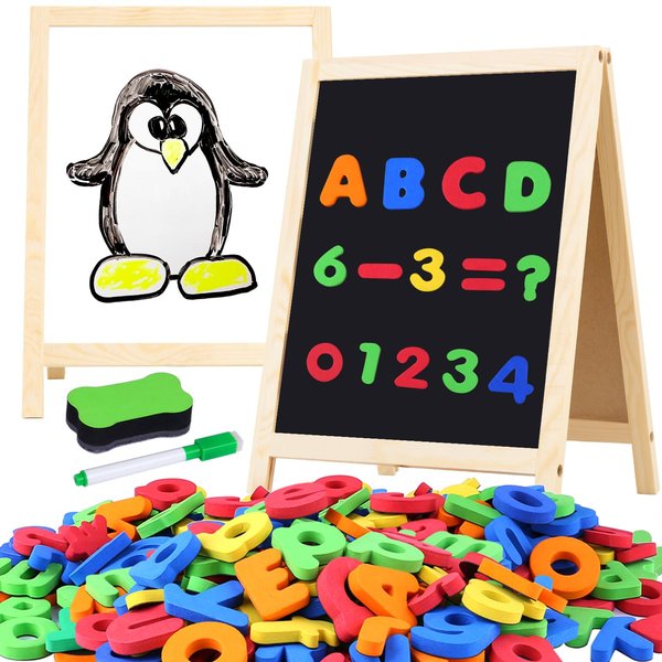 GINMIC Magnetic Letters and Numbers with Easel for Kids/Toddlers, Magnetic Whiteboard & Chalkboard w/Dry Erase Markers, ABC Magnets Alphabet Letters Learning Set, Classroom Home Education Toys