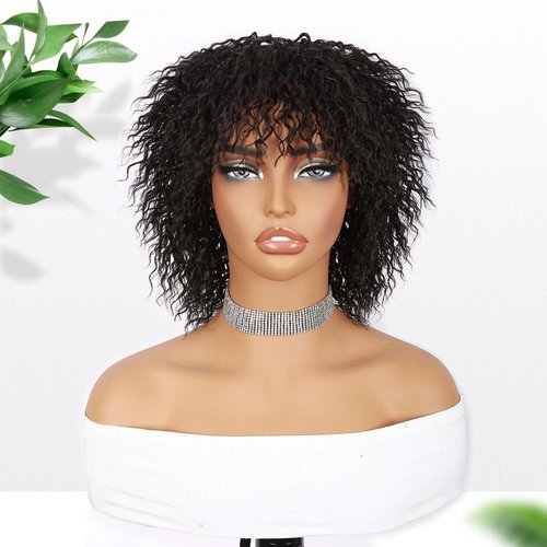 Fancy Hair Short Curly Wig with Bangs Glueless BeBe Curly Wigs Synthetic Afro Kinky Curly Wig for Black Women Men