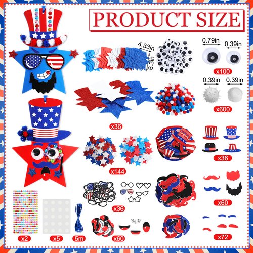 ReliThick 1153 Pcs 4th of July Arts and Craft Kits for Kids DIY Patriotic Craft DIY Star Ornament Patriotic Star Ornaments Decoration Red White Blue Glitter Star Stickers Craft Classroom Home Activity
