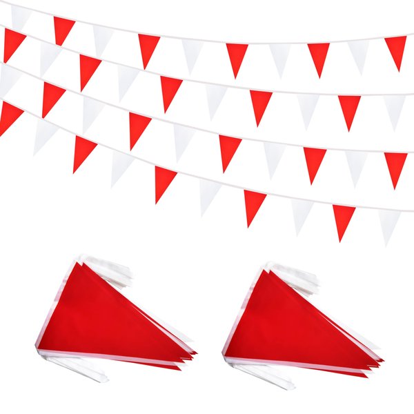 Rotenl 100 Feet 60 Pcs Red and White Pennant Banner Flags String Hanging Triangle DIY Flags, Bunting Streamers Decorations for Grand Opening, Birthday, Wedding, Party Celebration (Red and White)