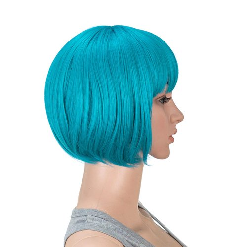 SWACC 10 Inch Short Straight Bob Wig with Bangs Synthetic Colorful Cosplay Daily Party Flapper Wig for Women and Kids with Wig Cap (Teal Blue)